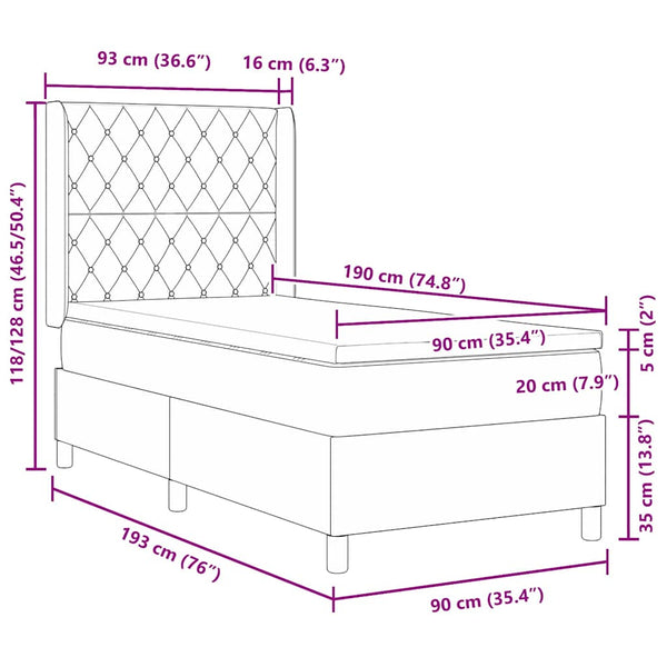 vidaXL Box Spring Bed with Mattress with LED Dark Grey 90 x 190 cm Velvet