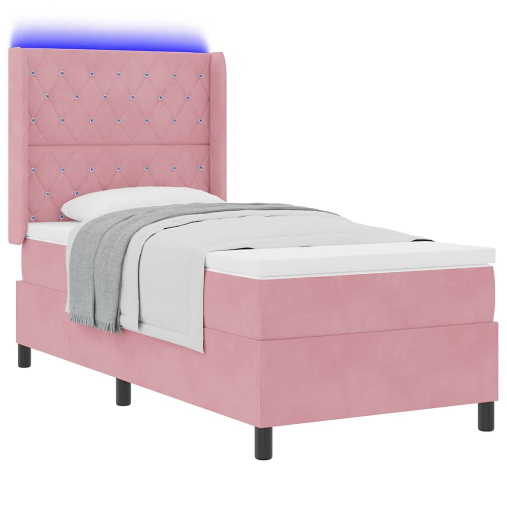vidaXL Box Spring Bed with Mattress with LED Pink 90 x 190 cm Velvet