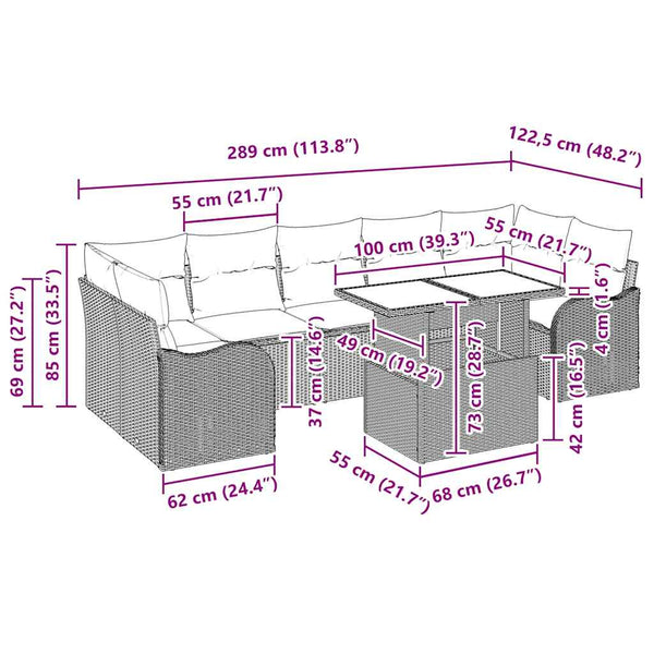 Gartensofa Set Hellgrau Poly Rattan 8-teilig