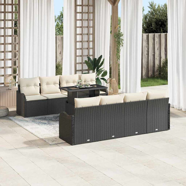 Gartensofa Set Schwarz Poly Rattan mit Kissen 9-teilig