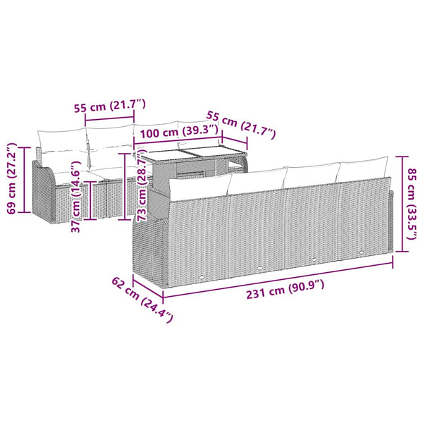 Gartensofa Set Hellgrau Poly Rattan 9-teilig