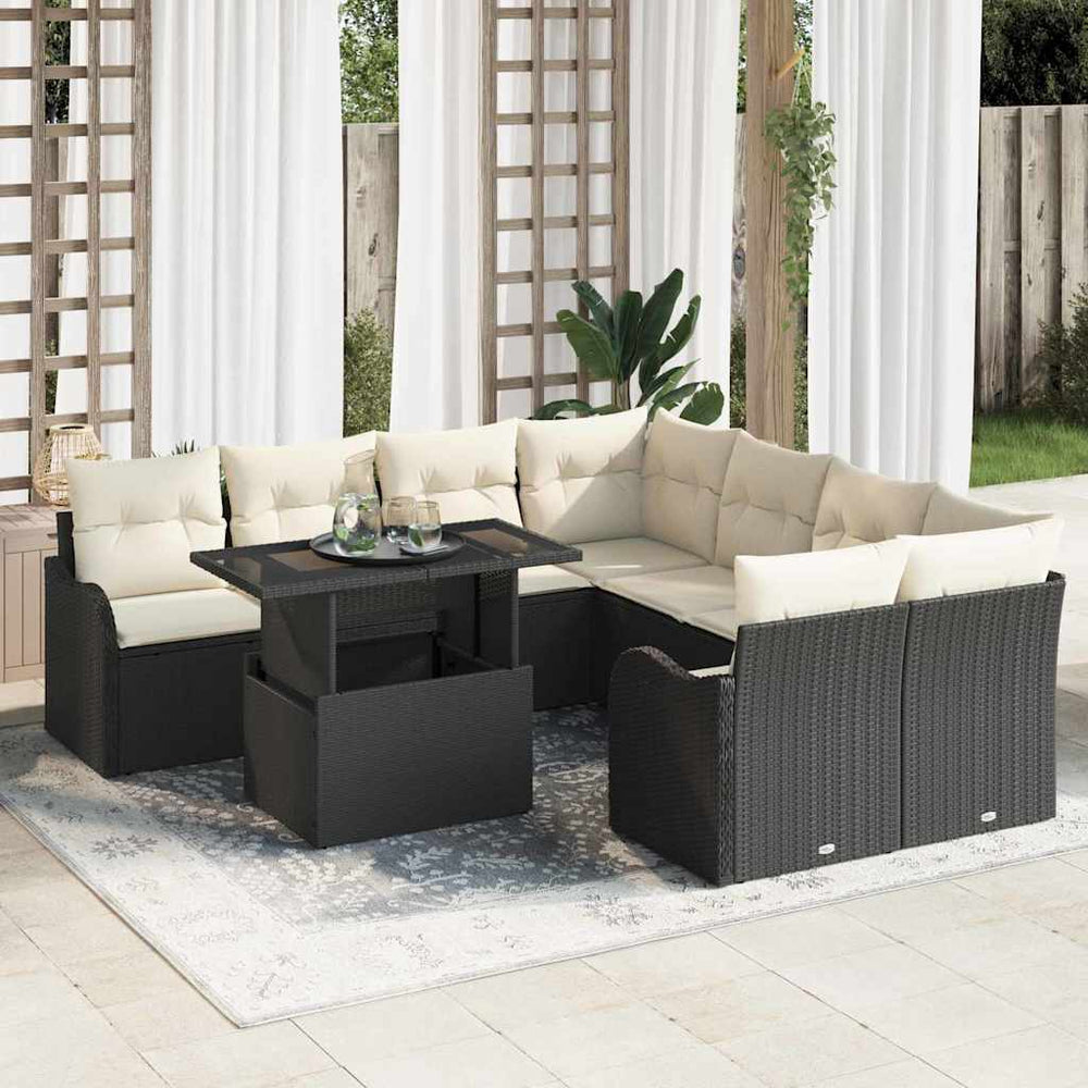 Schwarzes Gartensofa-Set mit Kissen, 9-teilig