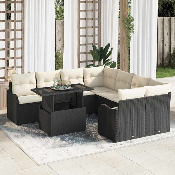 Schwarzes Gartensofa-Set mit Kissen, 9-teilig