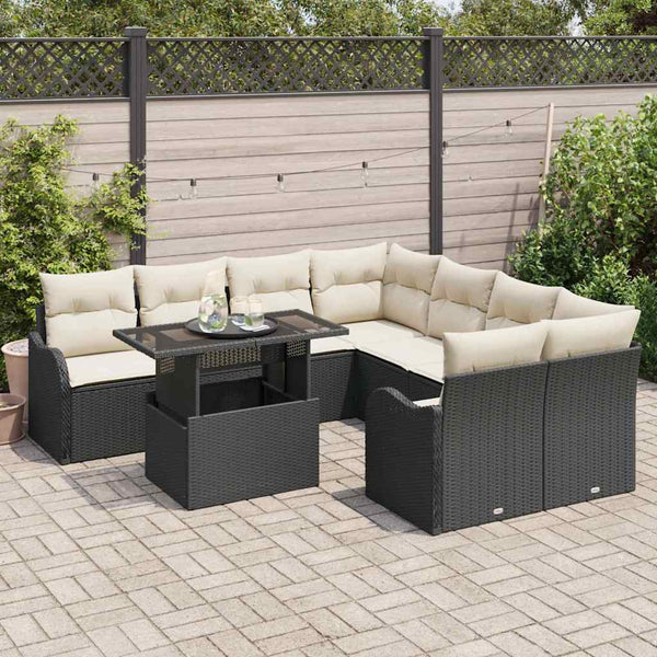 Schwarzes Gartensofa-Set mit Kissen, 9-teilig