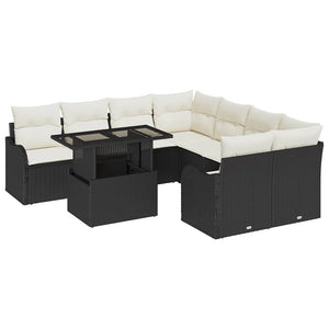 Schwarzes Gartensofa-Set mit Kissen, 9-teilig