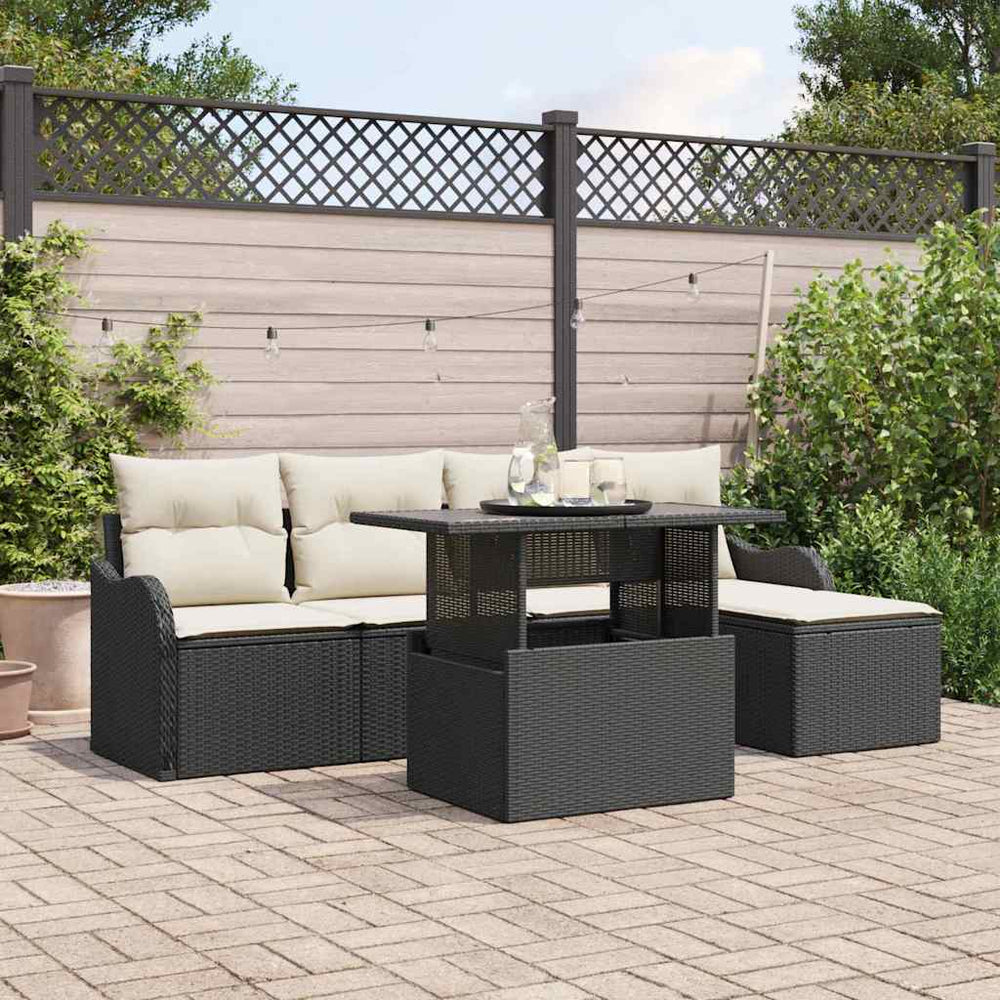 Gartensofa Set Schwarz Polyrattan mit Kissen 6-teilig