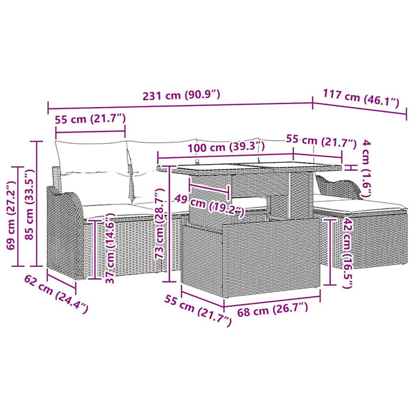 Gartensofa Set Schwarz Polyrattan mit Kissen 6-teilig