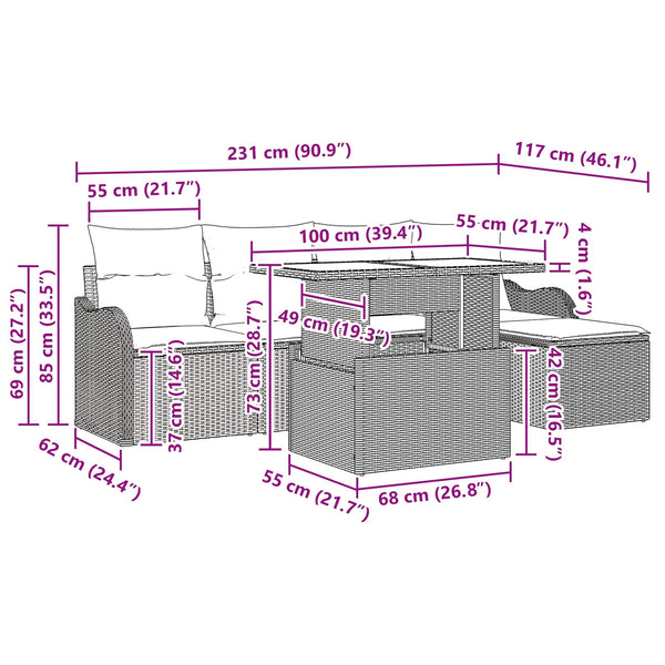 Gartensofa Set Hellgrau Polyrattan 6-teilig