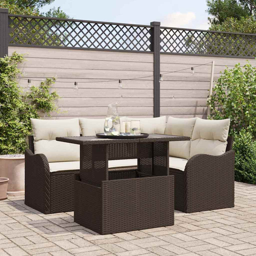 Gartensofa Set Braun Poly Rattan mit Kissen 5-teilig