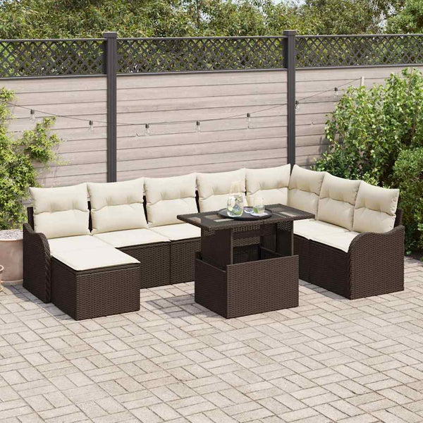 vidaXL Garden Sofa Set with Cushions and Storage 9 pcs Brown Poly Rattan