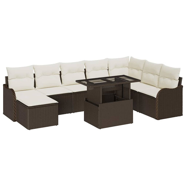vidaXL Garden Sofa Set with Cushions and Storage 9 pcs Brown Poly Rattan