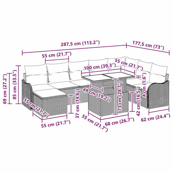 vidaXL Garden Sofa Set with Cushions and Storage 9 pcs Brown Poly Rattan