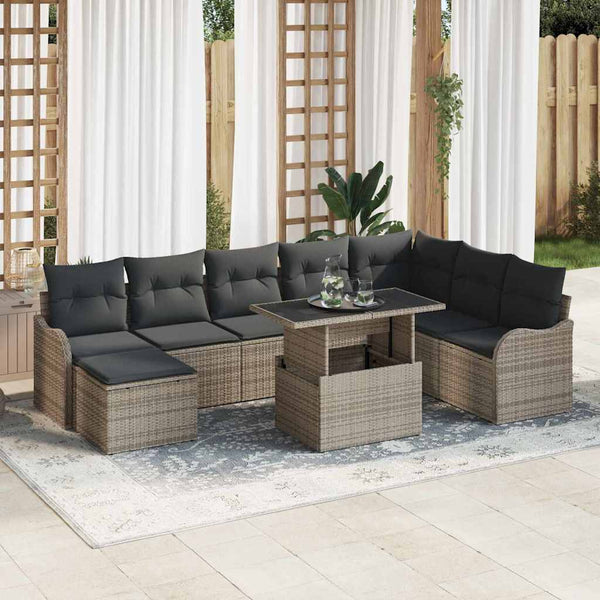 vidaXL Garden Sofa Set with Cushions with Storage 9 pcs Grey Poly Rattan