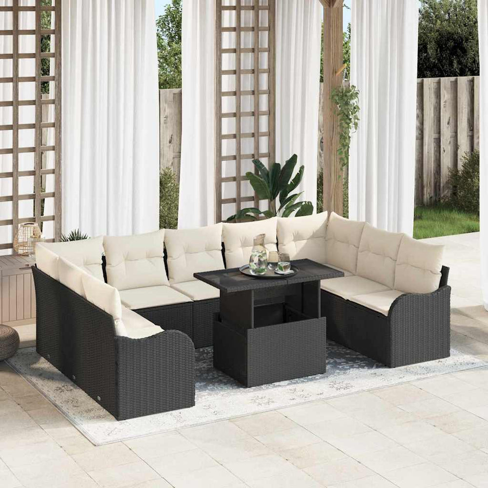 vidaXL Garden Sofa Set with Cushions 10 pcs Black Poly Rattan