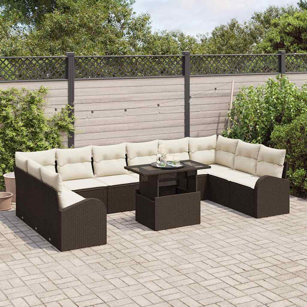 vidaXL Garden Sofa Set with Cushions and Storage 11 pcs Brown Poly Rattan
