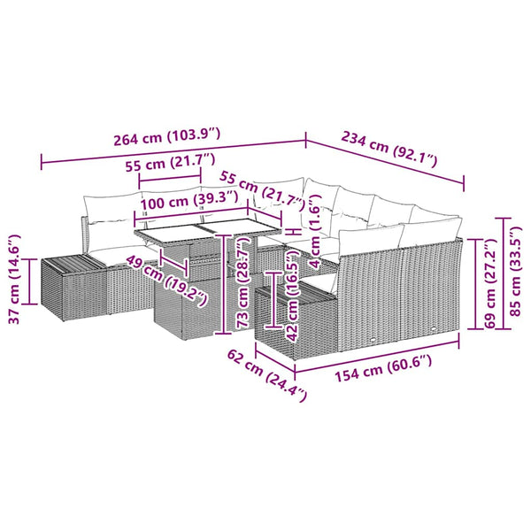 Gartensofa Set 9-teilig Poly-Rattan Grau