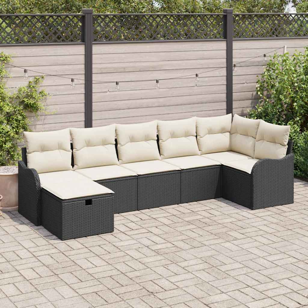 vidaXL Sofa Set with Cushions with Storage Black and Cream Poly Rattan