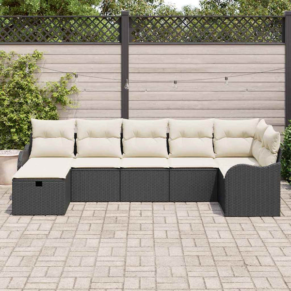 vidaXL Sofa Set with Cushions with Storage Black and Cream Poly Rattan