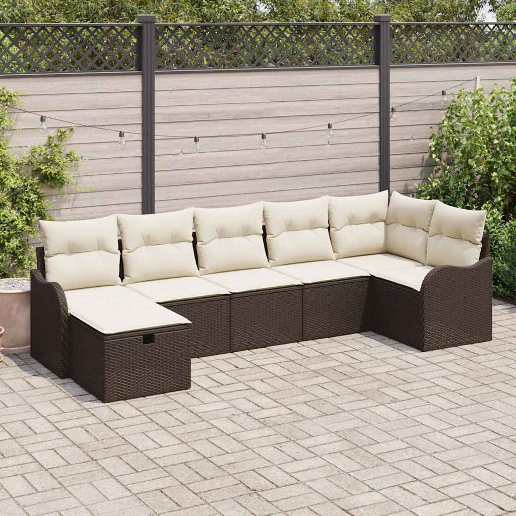 vidaXL Sofa Set with Cushions, Storage, Brown and Cream Poly Rattan