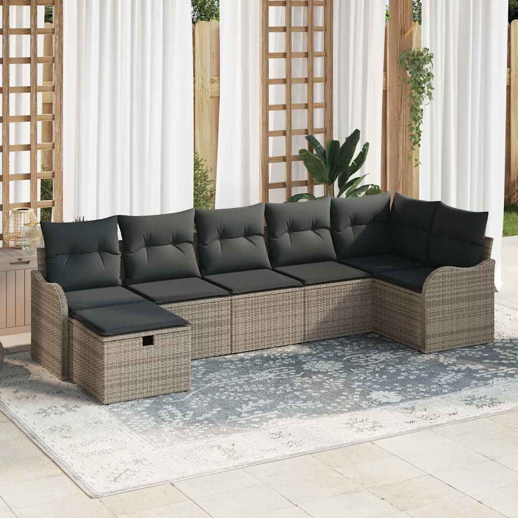 vidaXL Sofa Set with Cushions and Storage 7 pcs Grey Poly Rattan