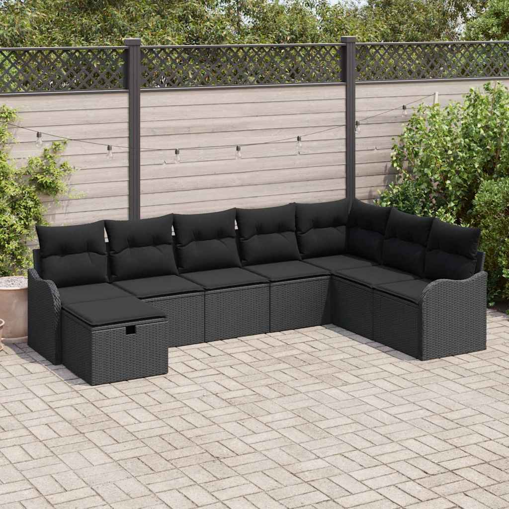 Schwarzes Poly-Rattan Sofa-Set mit Kissen & Stauraum