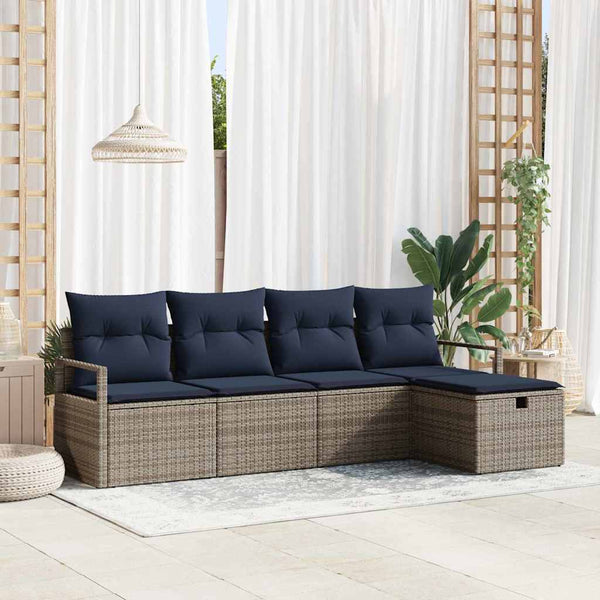 Grau/Marineblaues Poly-Rattan Sofa-Set mit Kissen, 5-teilig