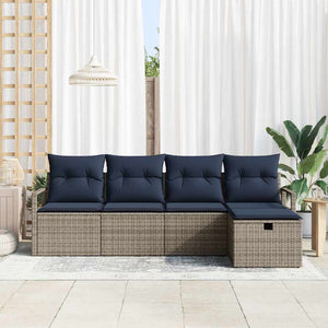 Grau/Marineblaues Poly-Rattan Sofa-Set mit Kissen, 5-teilig