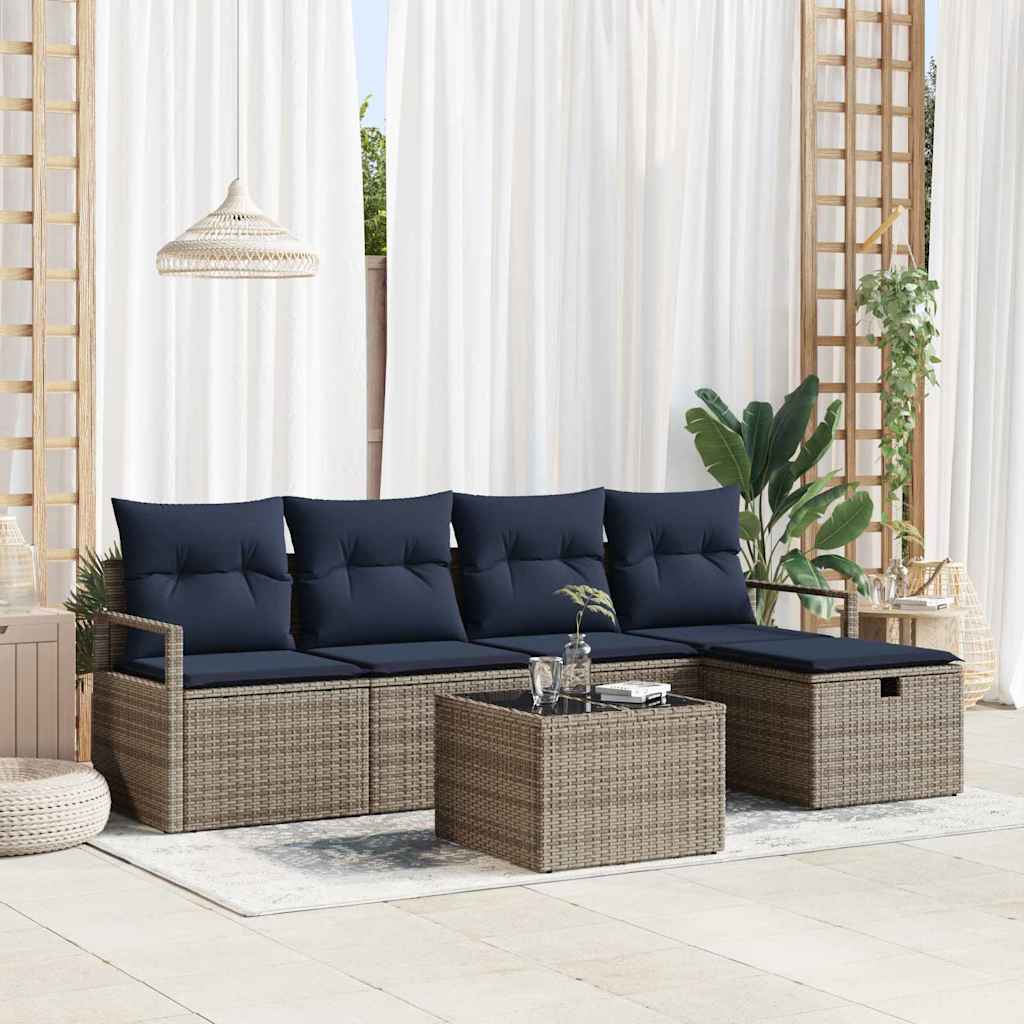 Poly Rattan Sofa Set Grau/Marineblau mit Kissen