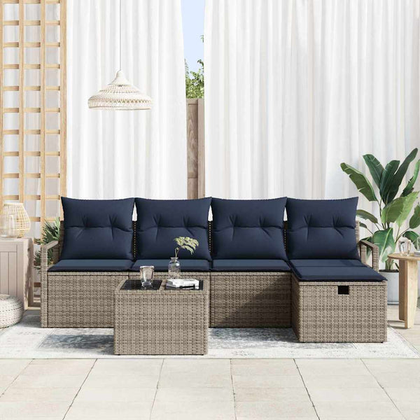 Poly Rattan Sofa Set Grau/Marineblau mit Kissen