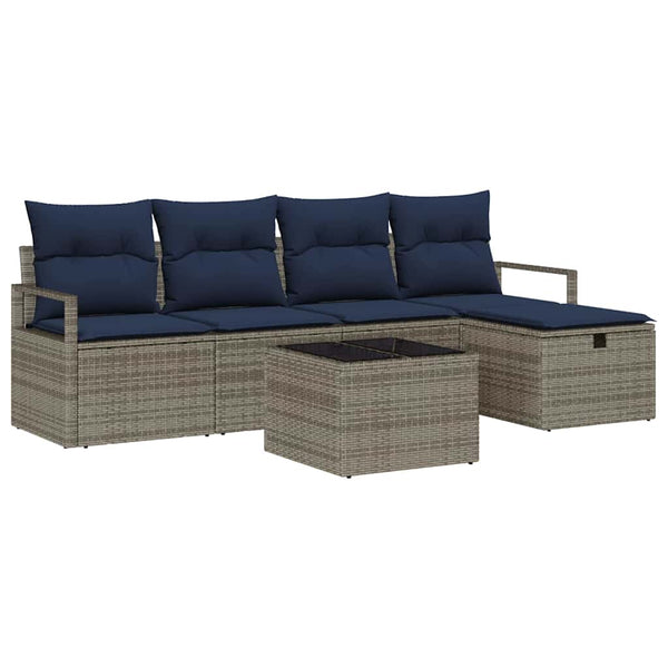 Poly Rattan Sofa Set Grau/Marineblau mit Kissen