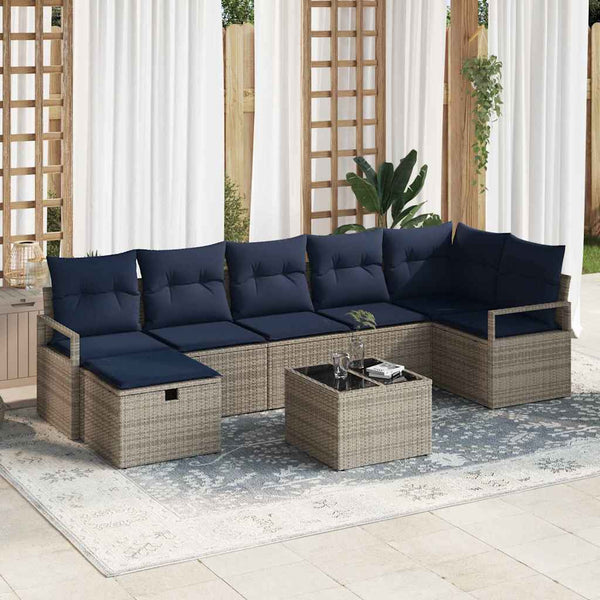 Poly Rattan Sofa Set Grau Marineblau 8-teilig