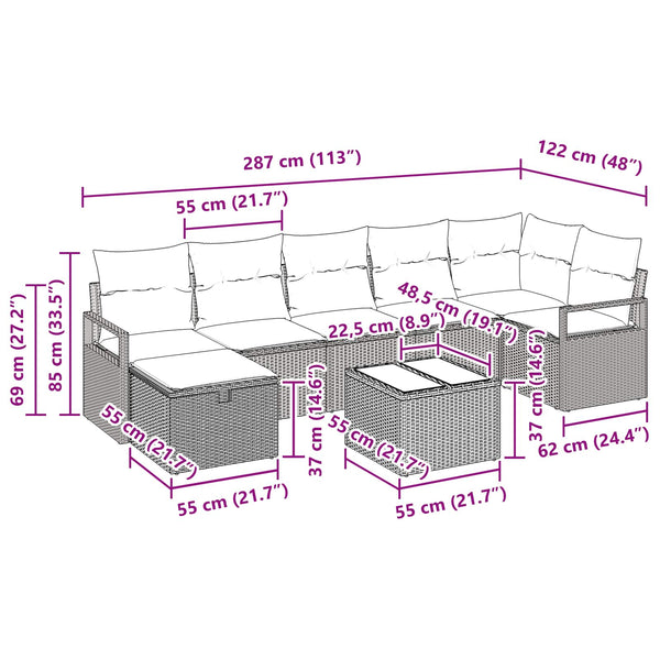 Poly Rattan Sofa Set Grau Marineblau 8-teilig