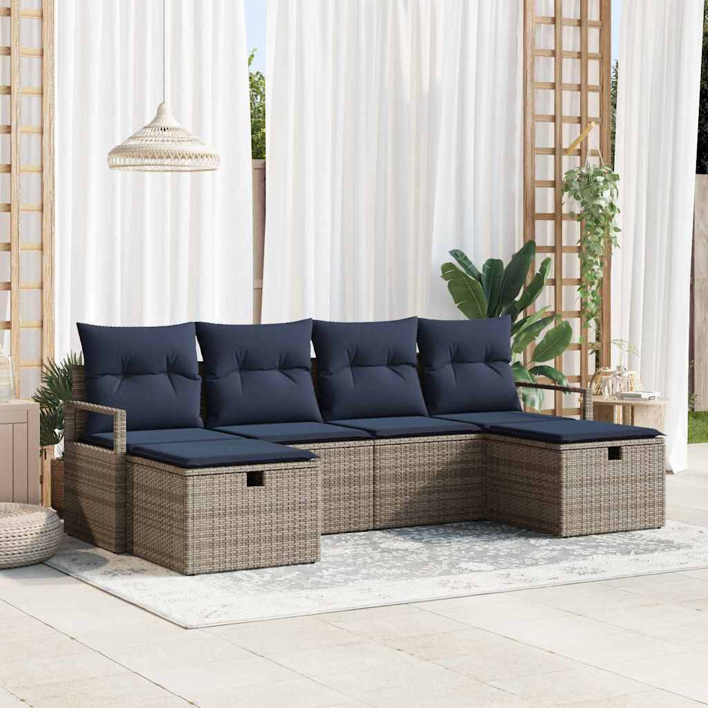 Poly Rattan Sofa Set Grau/Marineblau mit Kissen