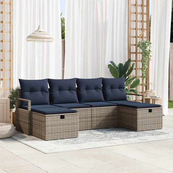 Poly Rattan Sofa Set Grau/Marineblau mit Kissen