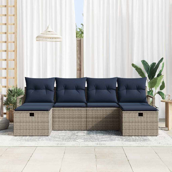 Poly Rattan Sofa Set Grau/Marineblau mit Kissen