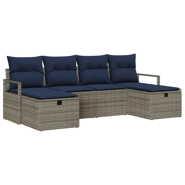 Poly Rattan Sofa Set Grau/Marineblau mit Kissen