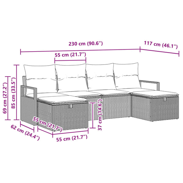 Poly Rattan Sofa Set Grau/Marineblau mit Kissen