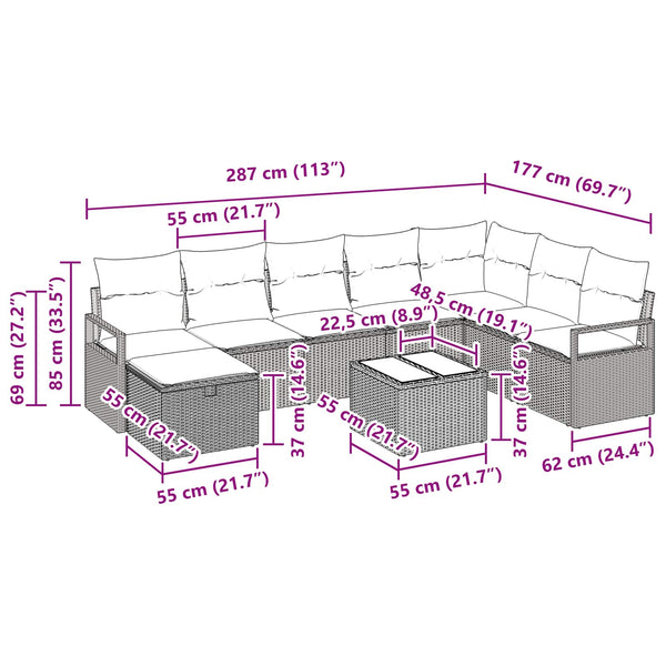 vidaXL Sofa Set with Cushions with Storage 9 pcs Brown Poly Rattan