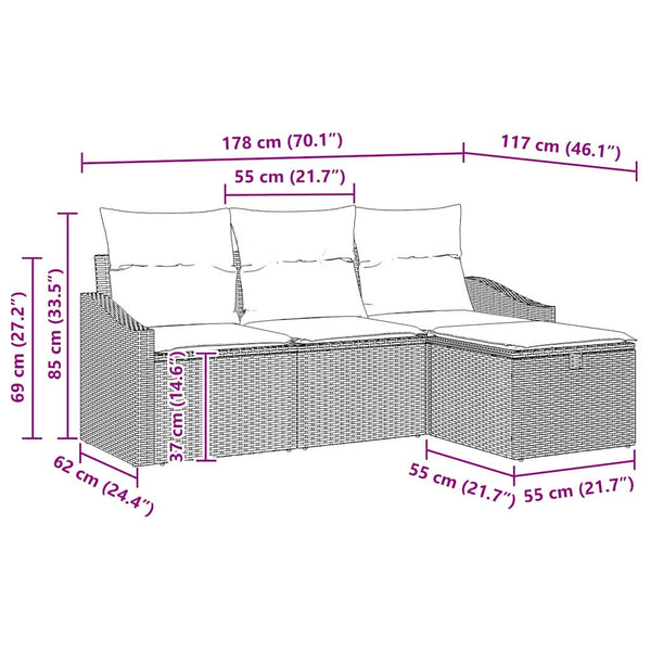 vidaXL Sofa Set with Cushions and Storage 4 pcs Brown Poly Rattan