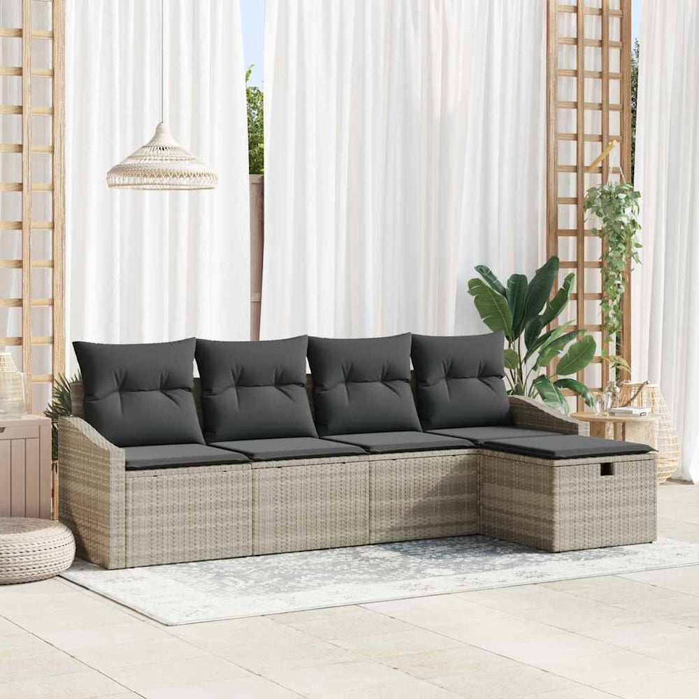vidaXL Sofa Set with Cushions with Storage 5 pcs Light Grey Poly Rattan
