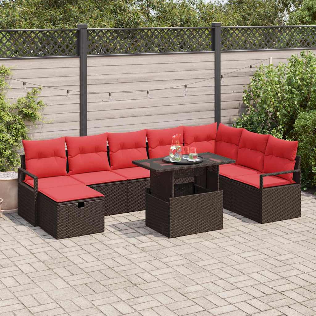 vidaXL Garden Sofa Set with Cushions with Storage 9 pcs Poly Rattan