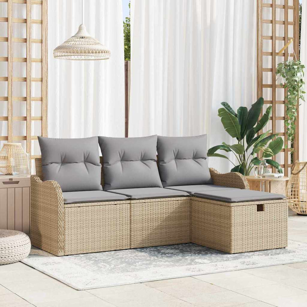 Beige Poly Rattan Garten-Sofa-Set mit Kissen