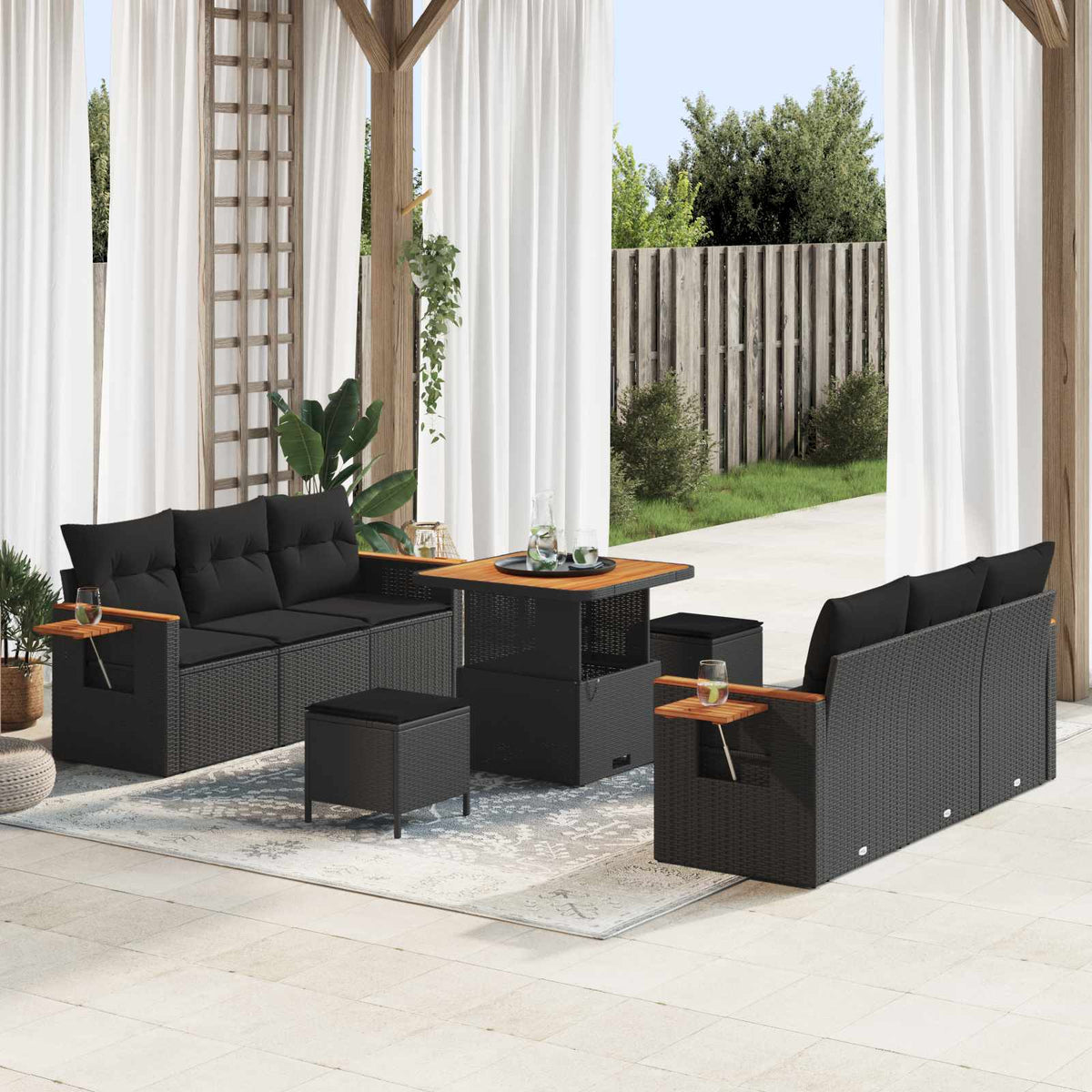 Gartensofa Set mit Kissen, 9-teilig, Schwarz