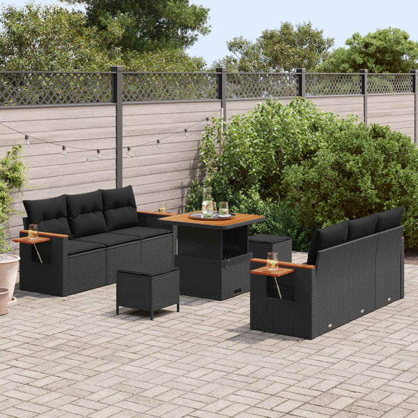 Gartensofa Set mit Kissen, 9-teilig, Schwarz