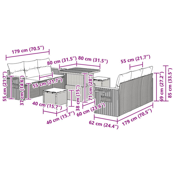 Gartensofa Set mit Kissen, 9-teilig, Schwarz