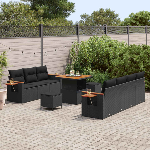 Gartensofa Set Schwarz mit Kissen, 10-teilig