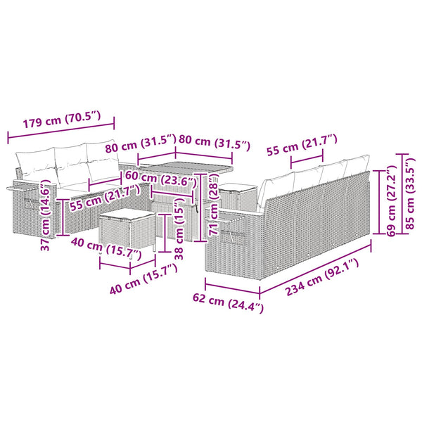 Gartensofa Set Schwarz mit Kissen, 10-teilig