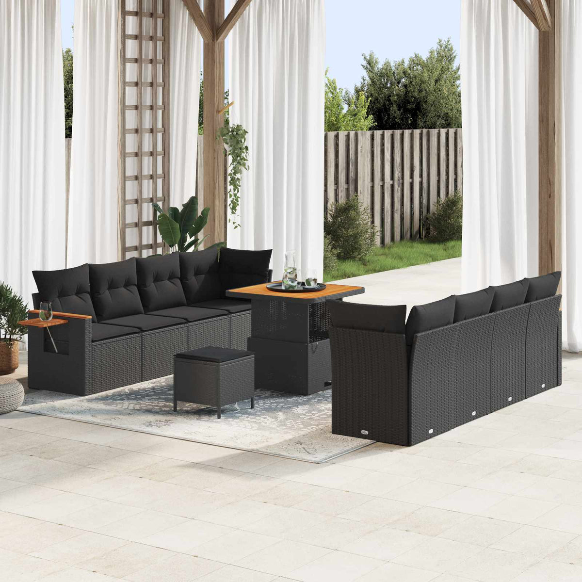 Gartensofa Set Schwarz mit Kissen, 11-teilig