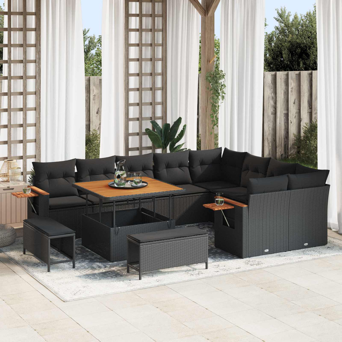 Gartensofa Set Schwarz mit Kissen, 12-teilig