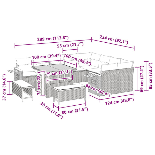 Gartensofa Set Schwarz mit Kissen, 12-teilig